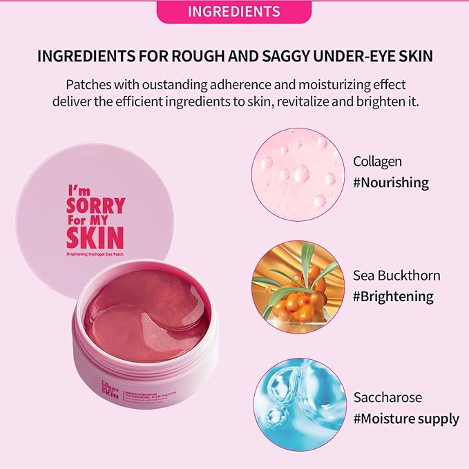 I'M SORRY FOR MY SKIN Brightening Hydrogel Eye Patch, Korean Skincare Under Eye Treatment for Puffy Eyes & Dark Circles, Anti-Wrinkle Antioxidant Self Care Gifts for Women 60EA/90g