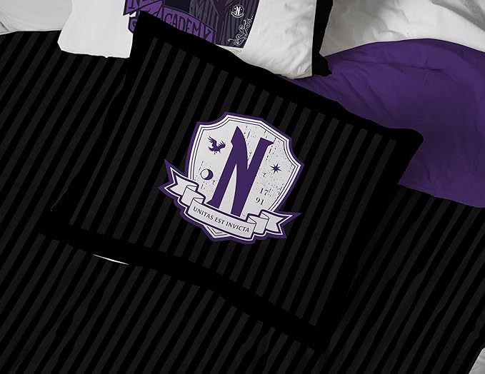 Jay Franco Wednesday Addams Full Comforter Set - 7 Piece Bedding Includes Sheet Set & Pillow Covers - Black and Grey Stripes Super Soft Kids Bedding