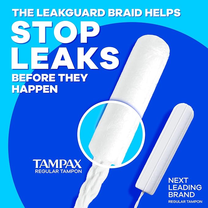 Tampax Compact Pearl Tampons for Women Multipack, with LeakGuard Braid & Extendable Applicator, Regular/Super Absorbency, Compact Extendable Applicator, Unscented, 45 Count