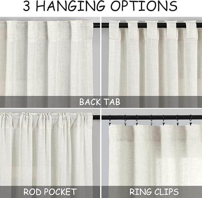 Nanspring Cafe Linen Curtains 40 Inch Length Cream Privacy Semi Sheer Light Filtering Back Tab and Rod Pocket Drapes for Basement/Loft Room Small Window 34 x 40 Inch,2 Panels