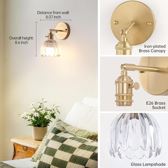 Shenmoyl Vintage Battery Operated Wall Sconce with Transparent Tulip Glass Lampshade Rechargeable Battery Powered Wall Light with Remote Control for Bedside Bedroom Doorway