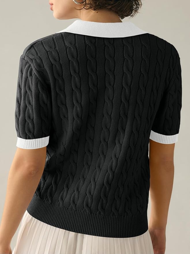 Imily Bela Womens Cable Short Sleeve Sweaters Tops Lapel V Neck Knit Shirt | Solid,Knit Casual,Soft Pullover,Fall Sweaters,Womens Summer Work Tops