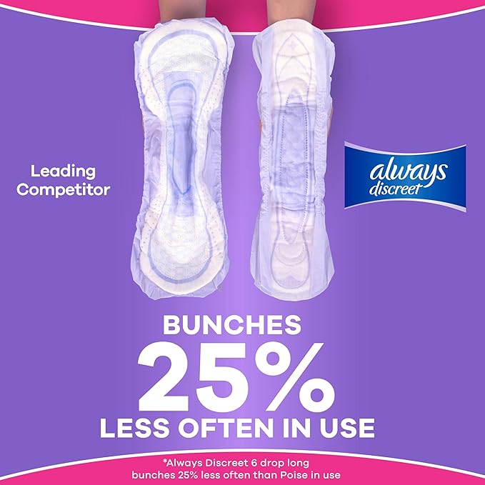 Always Discreet Adult Incontinence Pads for Women, Drier, 5 Drop Long Length, Heavy Absorbency, Pads for Bladder Control Management, Bladder Leaks, & Postpartum Pads, 64ct