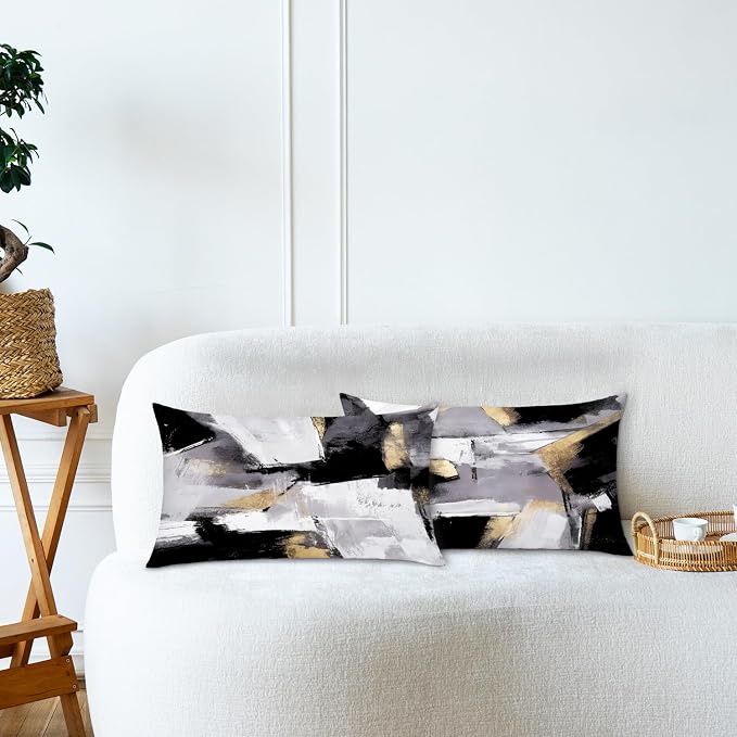 Black and White Pillow covers, Abstract White Black and Gold Pillow Covers 12x20 Set of 2, Modern Black and White Pillow Covers for Couch Bed Living Room