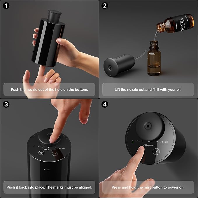 Airversa Waterless Essential Oil Diffuser Starter Kit with 30mL Hotel Fragrance Oil Inspired by BaCRT, Battery Operated Car Diffuser, Portable Aroma Nebulizer for Home Car Office, AN6Kit-C, Black