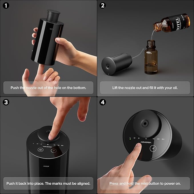 Airversa Waterless Diffuser for Essential Oil, Car Diffsuer, Battery Operated Nebulizer, 0.7 Fl Oz/ 20mL, Mini Scent Air Machine, 3 Timers & 3 Mist Levels for Home, Room, Car, Office - AN6 Black+White
