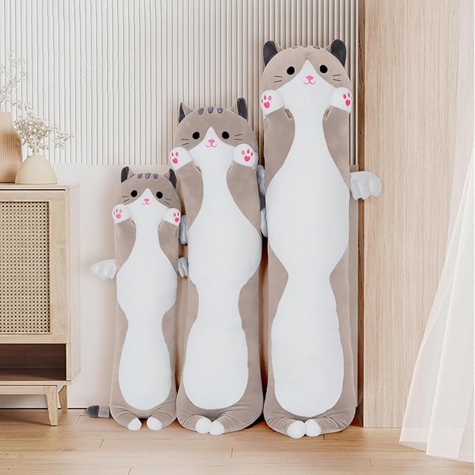 Long Plush Toy Cat Pillow Cute Plush Cat Toy Doll Stuffed Animal Cat Hugging Pillow for Sleeping Gift for Kids and Girls(Gray,90cm/35.4in)
