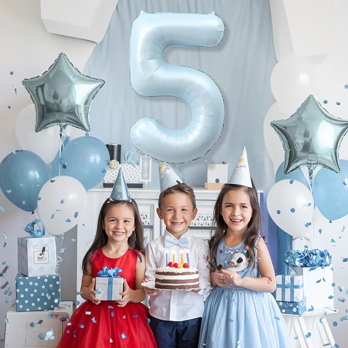 Big Number 5 Balloons, Dusty Light Blue Foil 5 Balloon Numbers 40 Inch, Giant 5th Birthday Party Decor, Matte Baby Blue Mylar Helium Self Inflating Balloon for Boys Birthday Anniversary Decorations