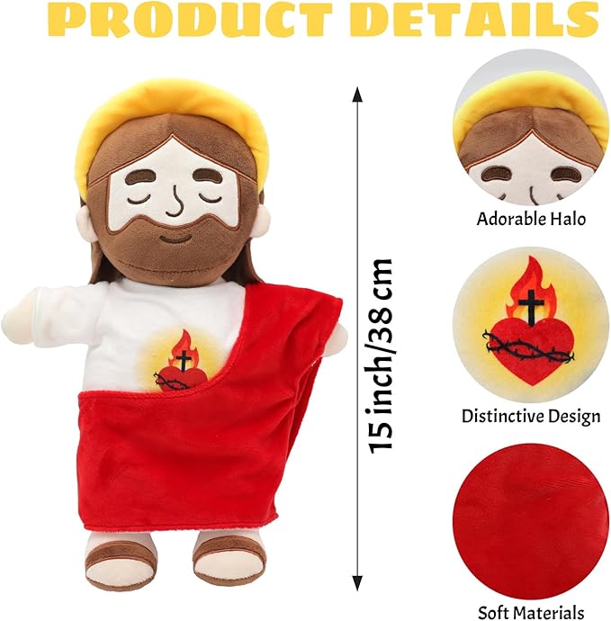 Soothing Jesus Plush Toys with Light & Sound, Jesus Stuffed Breathing Plushy Doll, Christian Catholic Religious Plushie Christmas Easter Gifts for Kids Baby (Red)