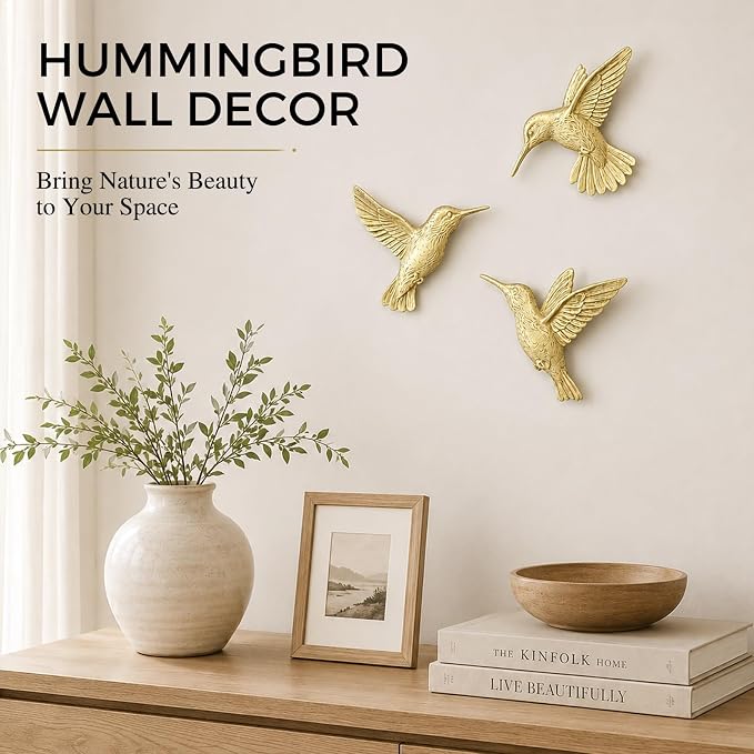 GUSFREUD 3D Hummingbird Wall Decor Set - Gold Resin Bird Wall Decor for Living Room, Bedroom and Gallery Walls - Champagne Gold - Set of 3