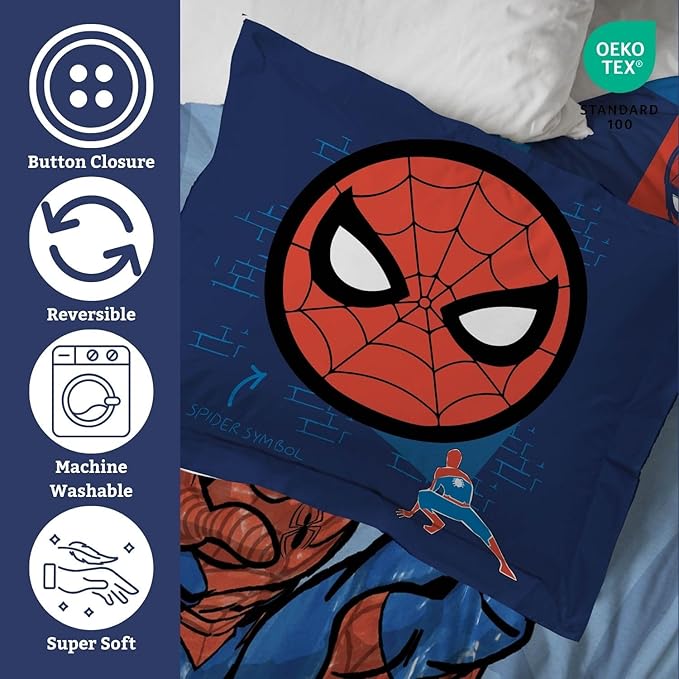 Jay Franco Kids Duvet Cover Set – 3 Piece Super Soft Bedding with Sham Pillowcase, Cover ONLY Comforter Not Included, Blue - Spiderman, Full