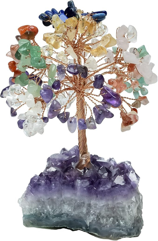 7 Chakra Tree of Life - Crystal Tree for Positive Energy, Gemstone Tree, Feng Shui Tree - Amethyst Cluster Base, Seven Chakra Tree, Money Tree Bonsai,Gem Tree, Healing Crystal Decor - Spiritual Gift