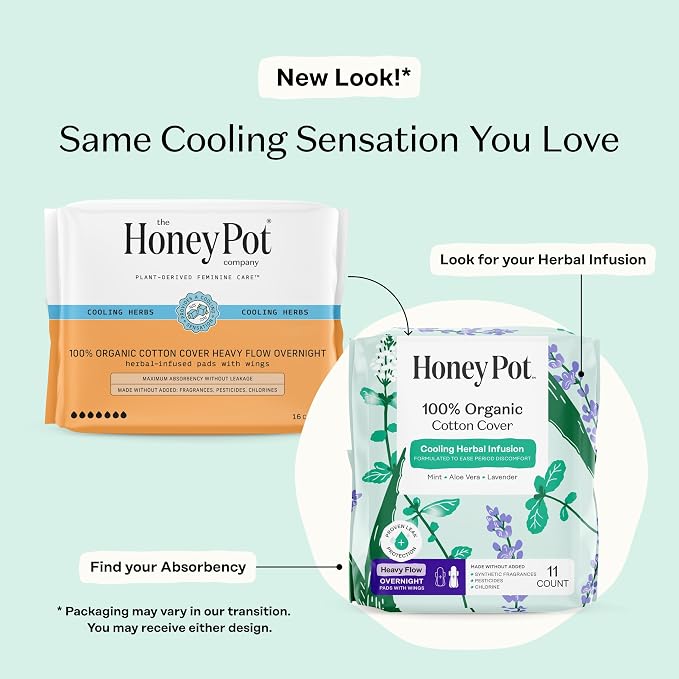 The Honey Pot Company - 44ct - Herbal Sanitary Pads for Women - Heavy Flow Overnight w/Wings - Infused w/Essential Oils for Cooling Effect & Organic Cotton Cover - Feminine Care