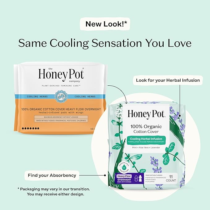 The Honey Pot Company - Herbal Sanitary Pads for Women - Heavy Flow Overnight w/Wings - Infused w/Essential Oils for Cooling Effect & Organic Cotton Cover - Feminine Care - 11 ct