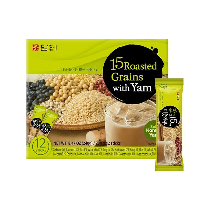 Damtuh Misugaru Powder with Yam – Korean 15 Roasted Grains Breakfast Drink Mix, Creamy & Nutty Flavor, Instant Multigrain Latte Mix, Caffeine-Free, 20g x 12 Sticks