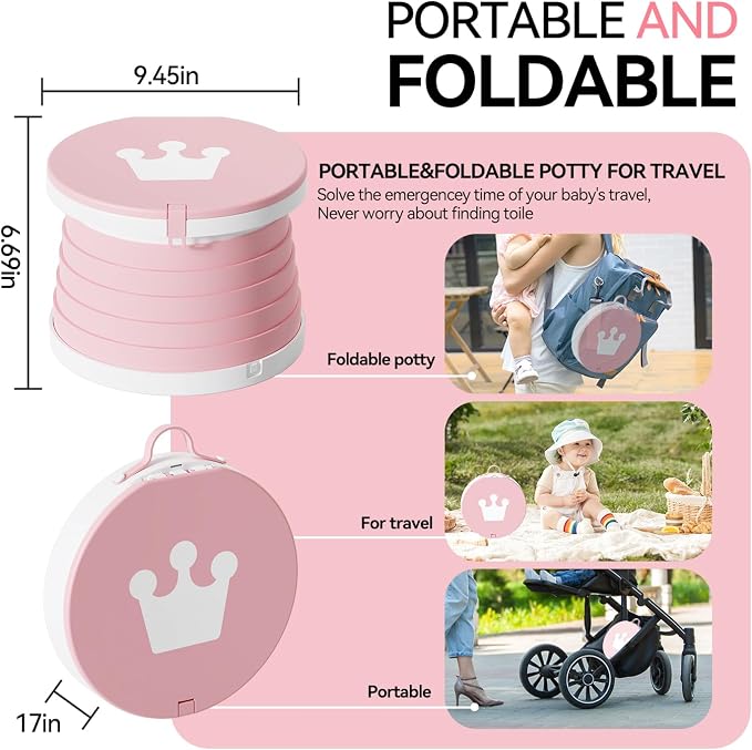 Portable Foldable Toddler Travel Potty - Medium Pink Potty Seat, Emergency Toilet for Car Camping Hiking, Lightweight Potty Chair for Indoor Outdoor Toddler Use (Pink)