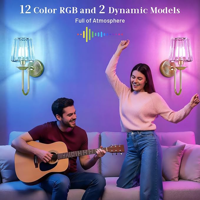 Brass Battery Operated Wall Sconces Set of Two, Crystal Wireless Rechargeable Wall Lights with Remote, Dimmable 3 CCT and 12 RGB Cordless Wall Lamps for Bedroom Living Room Hallway Decor