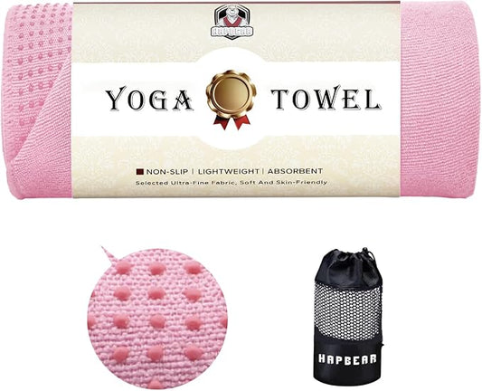 HAPBEAR Hot Yoga Towel with Non-Slip Grip Dots, 72" x 24" - Super Absorbent, Soft Microfiber Yoga Mat Towel for Bikram, Gym, Pilates - Pink