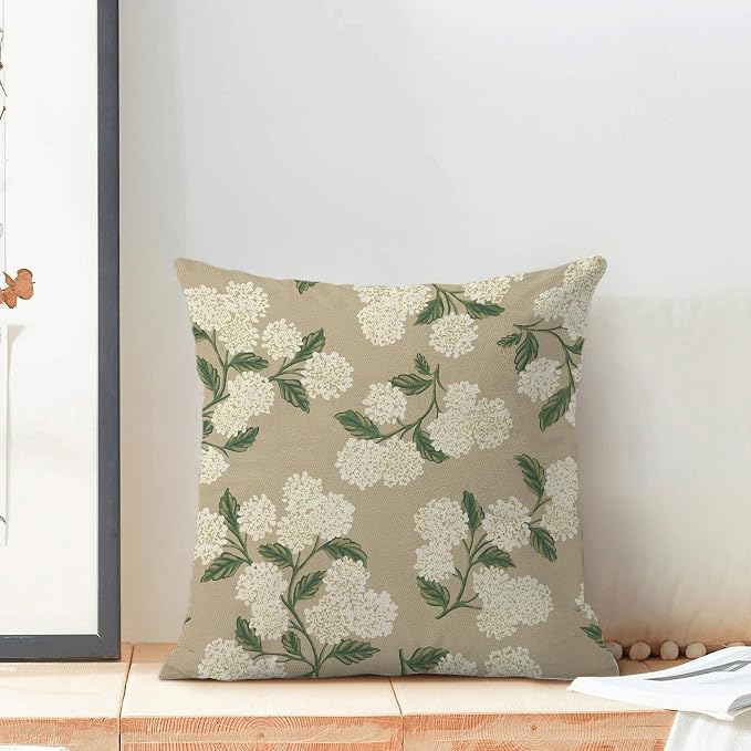 AEIOAE Spring Pillow Covers 20x20 Inch Set of 2, Beige Green Hydrangea Flower Throw Pillows Case,Floral Summer Outdoor Seasonal Decorative Farmhouse Decor Cushion Covers for Home Sofa Bed Couch