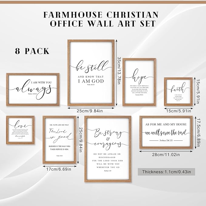 Faccito 8 Set Bible Christian Wall Art Framed, Wooden Decor | Religious Quotes Decor for Bedroom Office, Inspirational Scripture Wooden Art, Modern Framed Set for Home Classroom Work
