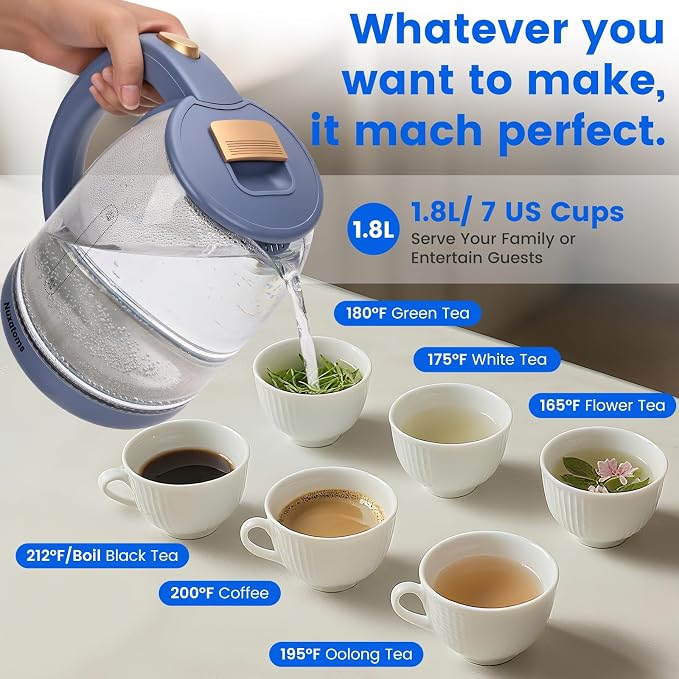 Glass Electric Kettle, No Plastic Contact With Water, 1.8L Electric Tea Pot, Automatic Shut-off, Borosilicate glass Visual Boiling, Water Heater & Teapot Perfect For Tea & Coffee