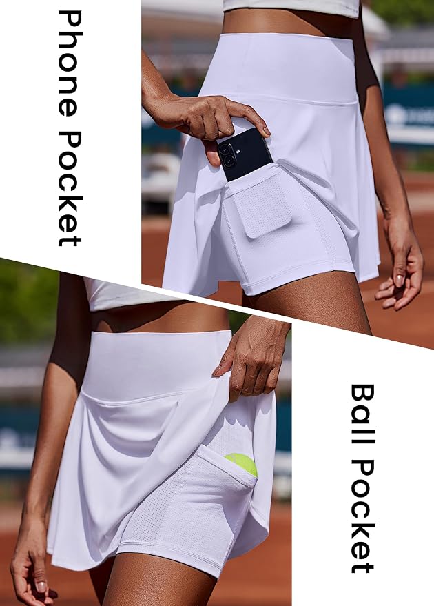 PINSPARK Womens Tennis Skirt Pleated Athletic Golf Skorts with Pockets | 3.5" High Waisted, Mesh Built-in Shorts, Mini Skirt, Buttery-Soft, Quick-dry, for Tennis, Golf, Pickleball, Casual