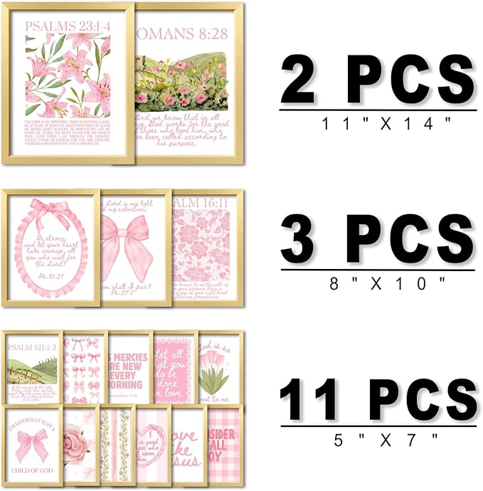 16 PCS Framed Christian Coquette Wall Art Decor, Pink Bow Bible Verses Wall Collage Kit Prints for Bedroom, Gallery Wall Frame Set, Jesus Posters for Living Room Aesthetic, Dorm Artwork for Girls Kids