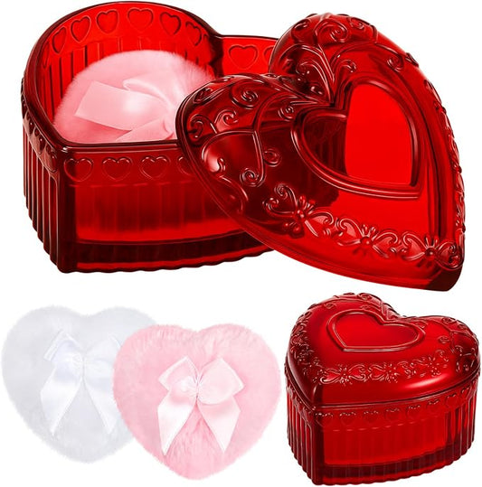 Tioncy 3 Pcs Large Body Powder Puff and Container Valentine's Day gift Powder Container with Puff Crystal Case Soft Washable Reusable Velour Face Body Glitter Wet Dry Makeup(Heart,Red)