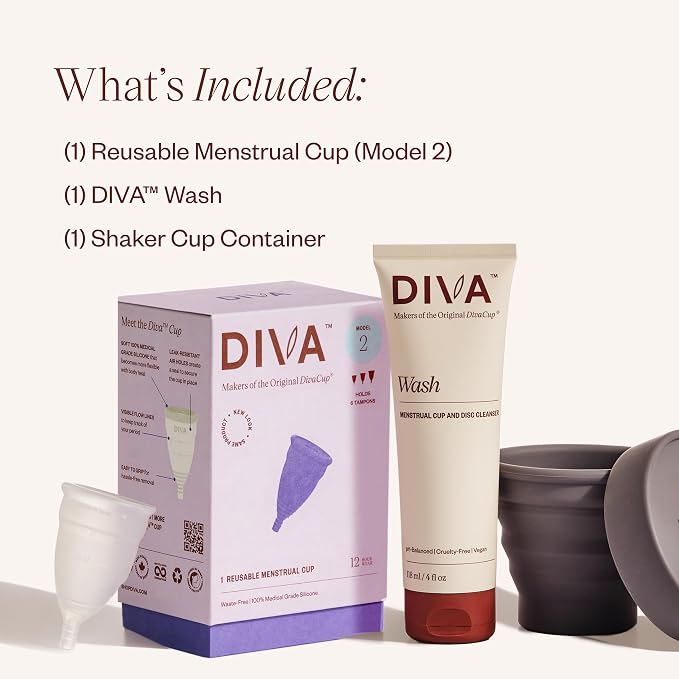 DIVA Cup, DIVA Wash & DIVA Shaker Combo Pack - Medical Grade Silicone Cup for Period Care - Period Cup Wash - Shaker for On-the-Go Cleansing - Cup Model 2 (Wide Vaginal Canals, Post-Partum & Ages 35+)