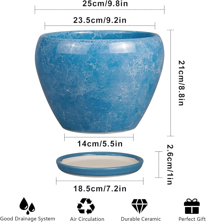 Ceramicfor 10 Inch Planter Pot - Ceramic Pots for Plants with Drainage Hole and Saucer, Round Large Flower Pot for Indoor Plants, Blue
