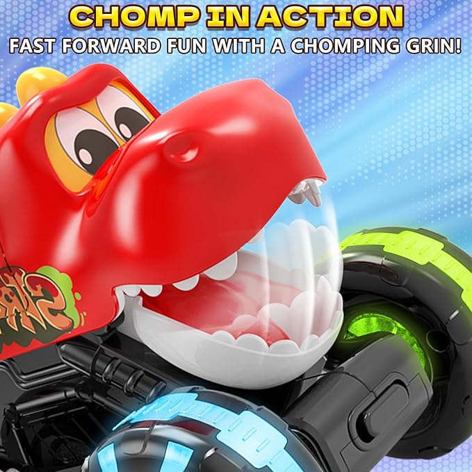 Red Chomping Dino Monster Truck Toy – Press and Go Car with LED Light Wheels – Light-Up Push Car for Toddlers Boys Girls Ages 2 3 4 5 – Dinosaur Toy with Moving Mouth Action