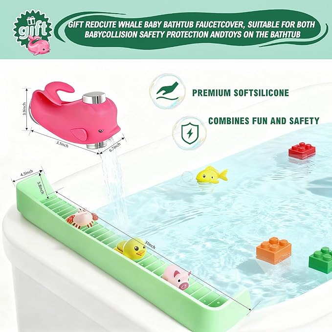 31-Ft Tub Kids Toy Tray Silicone Bathtub Splash Guard with 11 Suction Cups Holder,Soft Silicone Splash Guard for Easy Clean & Fold, Universal for Tub, Bathroom Sink, Kitchen Sink (Green)