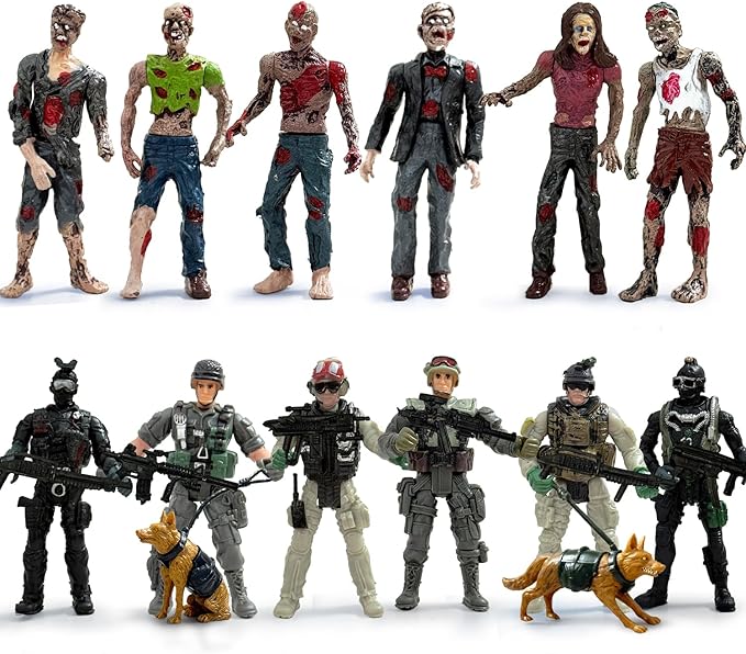 Army Men VS Zombie Action Figures, Realistic 6 Zombie Toys Playset 6 Army Toy Set with Weapons 2 Dog Figures, Halloween Decor for Boys 4-7 (14PCS)