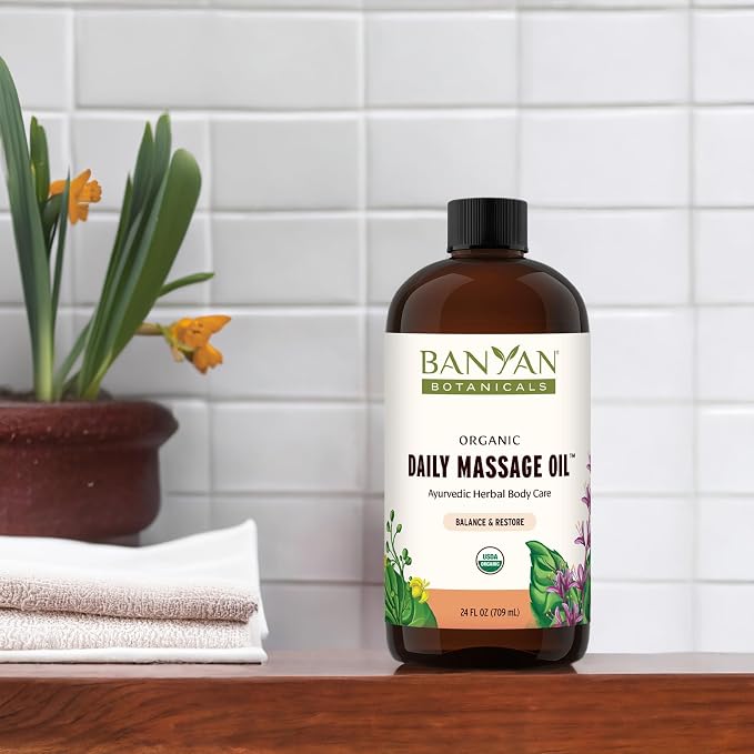 Banyan Botanicals Daily Massage Oil – Organic Ayurvedic Massage Oil – Balancing and Grounding – 24 oz – Non GMO Sustainably Sourced