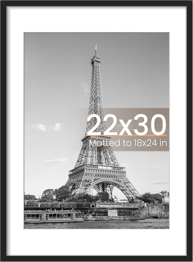 upsimples 22x30 Picture Frame, Display Pictures 18x24 with Mat or 22 x 30 Without, Wall Hanging Poster Frames, Black, 1 Pack