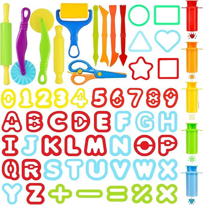 LCY WEDSHI Dough Tool Set, 62 Pcs Dough Tools Sets for Kids Ages 4-8, Dough Accessories Includes Alphabet Numbers Shapes, Cutters Roller, Rolling Pins, Safety Scissors, Plastic Knife