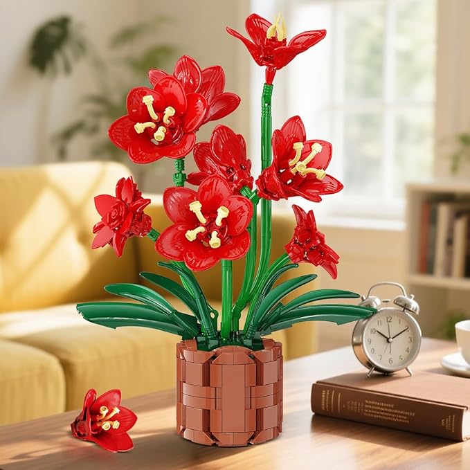 Amaryllis Flowers Bonsai Building Set, Botanical Collection Building Block, Artificial Plant Kit Home Decor, 503 PCS Flower Bouquet Bonsai for Her Adults Kids Boys Girls 12+