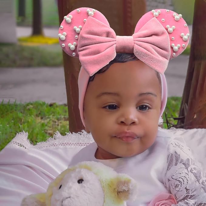 JIAHANG Baby Girl Pink Velvet Mouse Ears Turban Headband with Pearls, Beaded Velvet Hair Bow Hairband for Infants Toddlers Kids