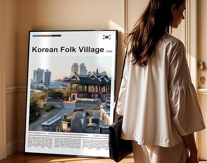 Poster Korean Folk Village Wall Art Original Design(24"x16" Metal Frame) Joseon Dynasty Architecture Print South Korea Travel Landmark Gyeonggi Cultural Heritage Ancient Palace Zen Scenery Picture