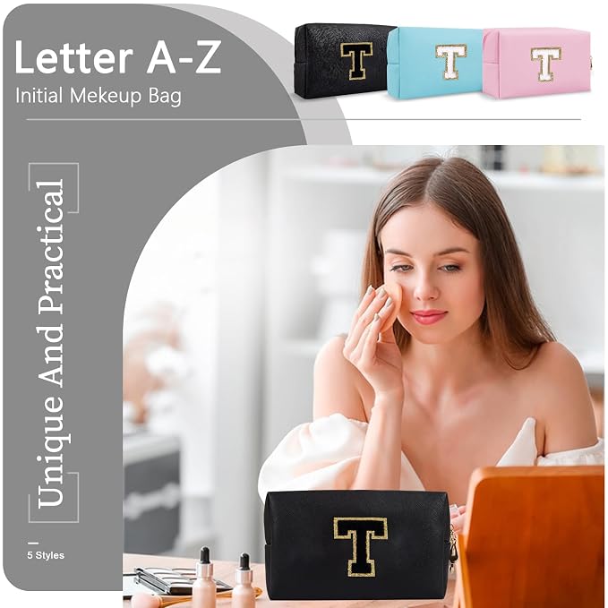 Personalized Initial A-Z Preppy Patch Makeup Bag,Small PU Chenille Letter Cosmetic Bag with Zipper for Teen Girls,Black Cute Toiletry Organizer Bag,Monogram Makeup Case Gift for Women Girls,Letter T
