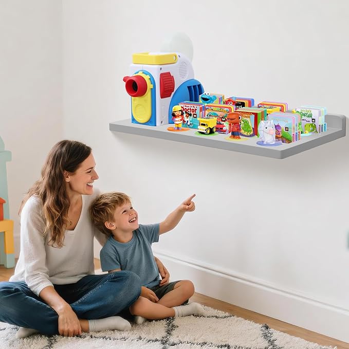 PHOENANCEE Floating Shelves for Little Tikes Story Dream Machine,Wall Shelf for Little Tikes Projector Books Audio Play Character Storage Tray Organizer for Toddlers Kids Girls Boys,Oak(Gray White)