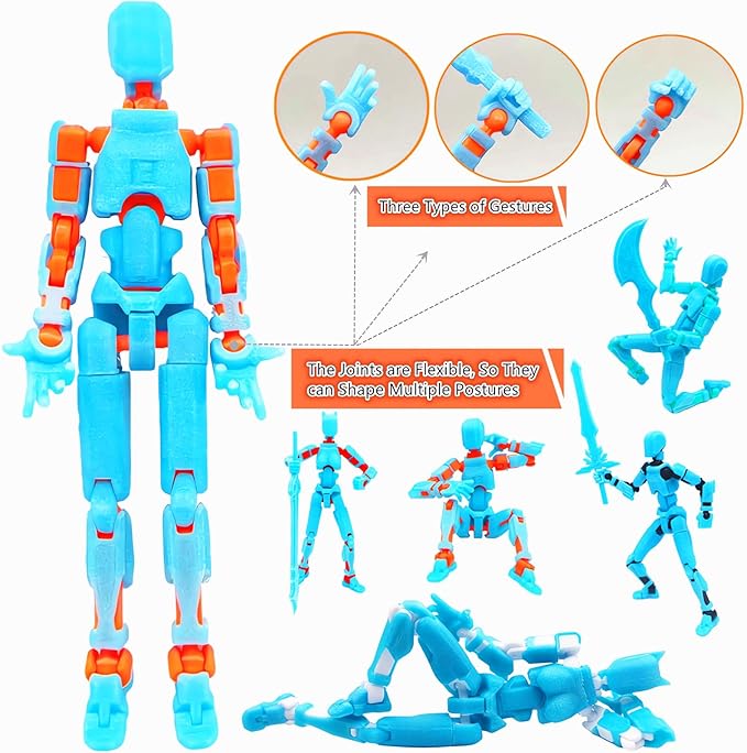 T13 Action Figures (Grow in The Dark Blue) Titan 13 Action Figures T13 3D Action Figure Set Already Assembled Dummy 13 Nova T-13 Robot 3D Printed Multi-Jointed Movable Toy (Blue Orange + Dog)