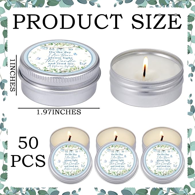 MTLEE 50 Pcs Greenery Baby Shower Scented Candles for Boy Gift Travel Tin Candle Aromatherapy Candle Favors for Winter Baby Shower Favors Wedding Gifts, Compound Scent Essential Oil