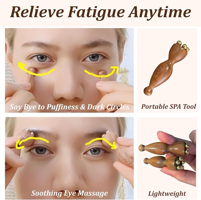 TOMULE 4Pcs Sandalwood Massage Tool Set with Cotton Linen Storage Bag | Cooling Brass Eye Roller, 5-Finger Scalp Massager, Gua Sha Comb, Reduce Puffiness and Relieve Stress