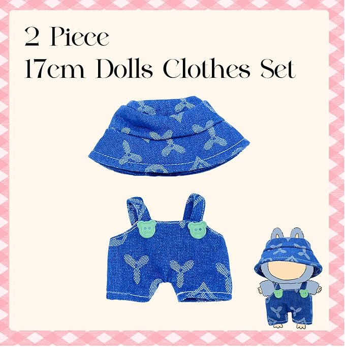 17cm Doll Clothes Set, Hat & Overalls Clothes 2-Piece Set for 15/17cm Dolls, Stylish Adorable Dolls Clothes Accessories, Cute Clothe Outfits for Doll (2-Piece Blue)