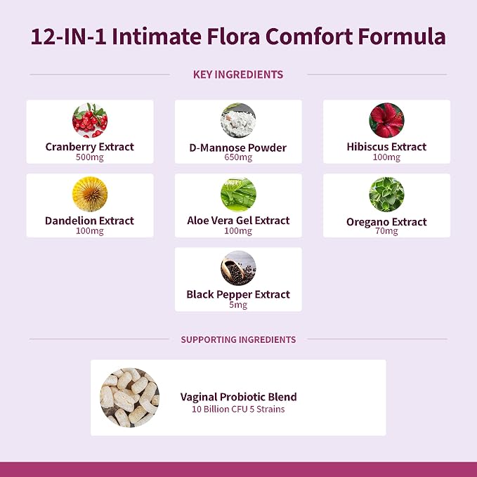 UTI Flora & Odor Pro+ | Pack of 2 | Intimate Freshness & Comfort Support with Cranberry, D-Mannose, Vaginal Probiotics | Third-party Tested, cGMP Facility, Vegan, Non-GMO, Gluten-Free | 60+60 Caps