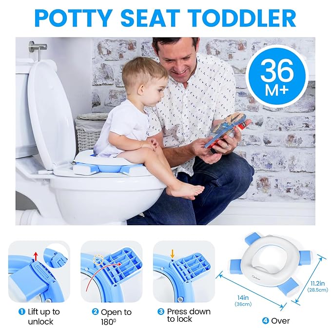 Orzbow Portable Potty Training Toilet, Travel Potty Seat for Toddler Boys Girls with Splash Guard, Potty Training Essentials, Foldable, Includes Free Travel Bag and 40 Liners, Indoor/Outdoor Use, Blue