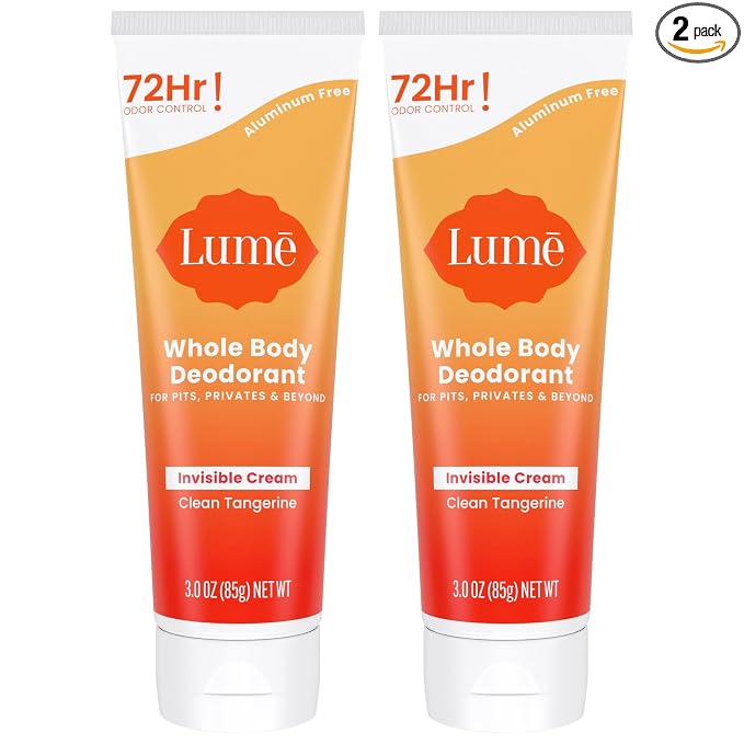 Lume Whole Body Deodorant - Invisible Cream Tube - 72 Hour Odor Control - Aluminum Free, Baking Soda Free, Skin Safe - 3.0 ounce (Pack of 2) (Clean Tangerine)