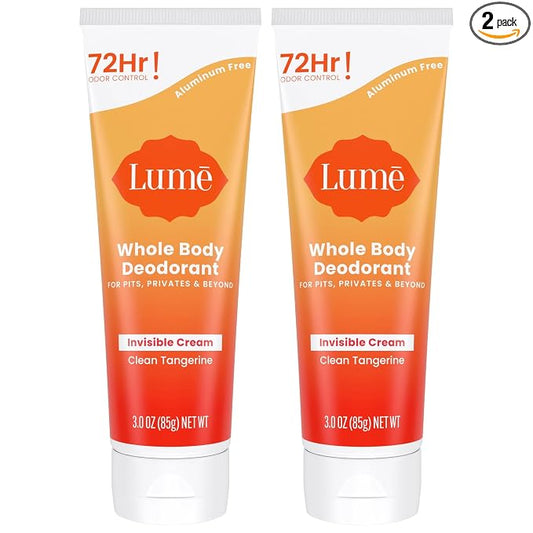 Lume Whole Body Deodorant - Invisible Cream Tube - 72 Hour Odor Control - Aluminum Free, Baking Soda Free, Skin Safe - 3.0 ounce (Pack of 2) (Clean Tangerine)
