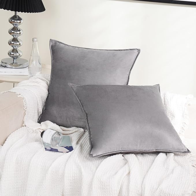JIAHANNHA Velvet Grey Throw Pillow Covers 24”x24”Pack of 2 Soft Decorative | Square Cushion Covers for Couch Sofa Bed Livingroom Car Home Decor,60x60Cm